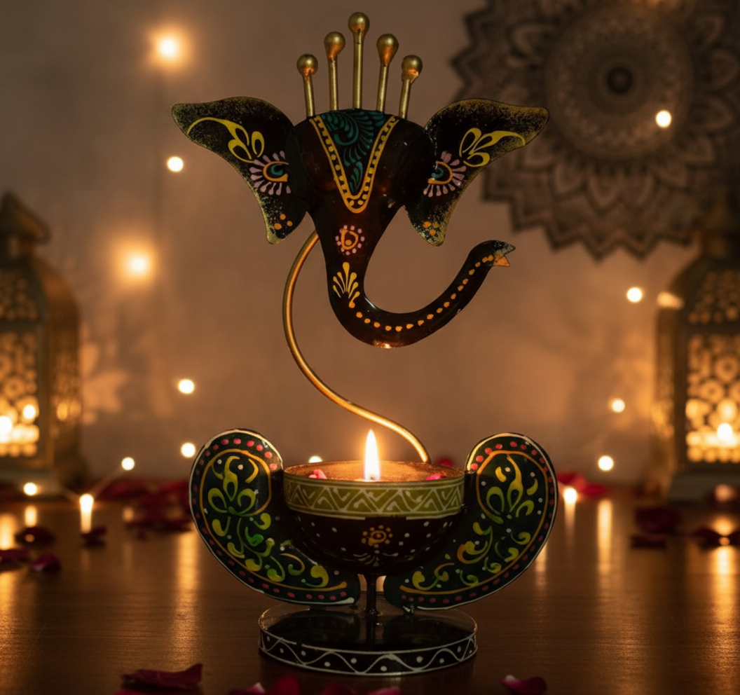 Shubh Labh Edition Handmade Ganesha Diya Stand – Iron Tea Light Holder